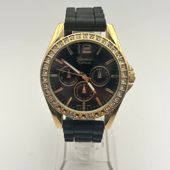Geneva Platinum Gold Tone Crystals Black Silicon Watch Working New Battery - Picture 1 of 8